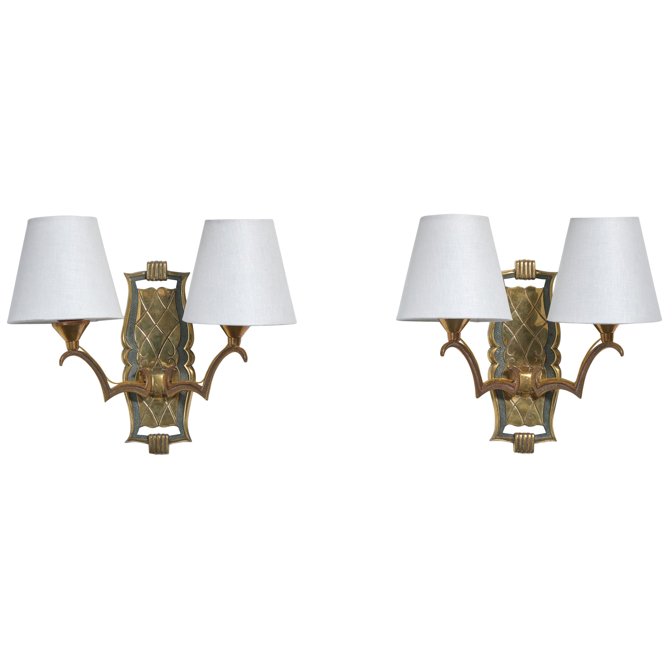 French Designer, Wall Lights, Brass, Fabric, France, 1930s