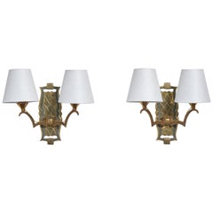French Designer, Wall Lights, Brass, Fabric, France, 1930s