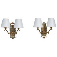 French Designer, Wall Lights, Brass, Fabric, France, 1930s