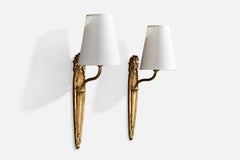 Französischer Designer, Wall Lights, Messing, Stoff, Frankreich, 1940er Jahre