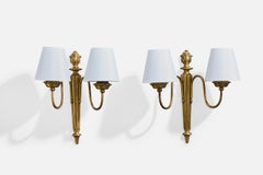 Designer français, Wall Lights, laiton, tissu, France, années 1940