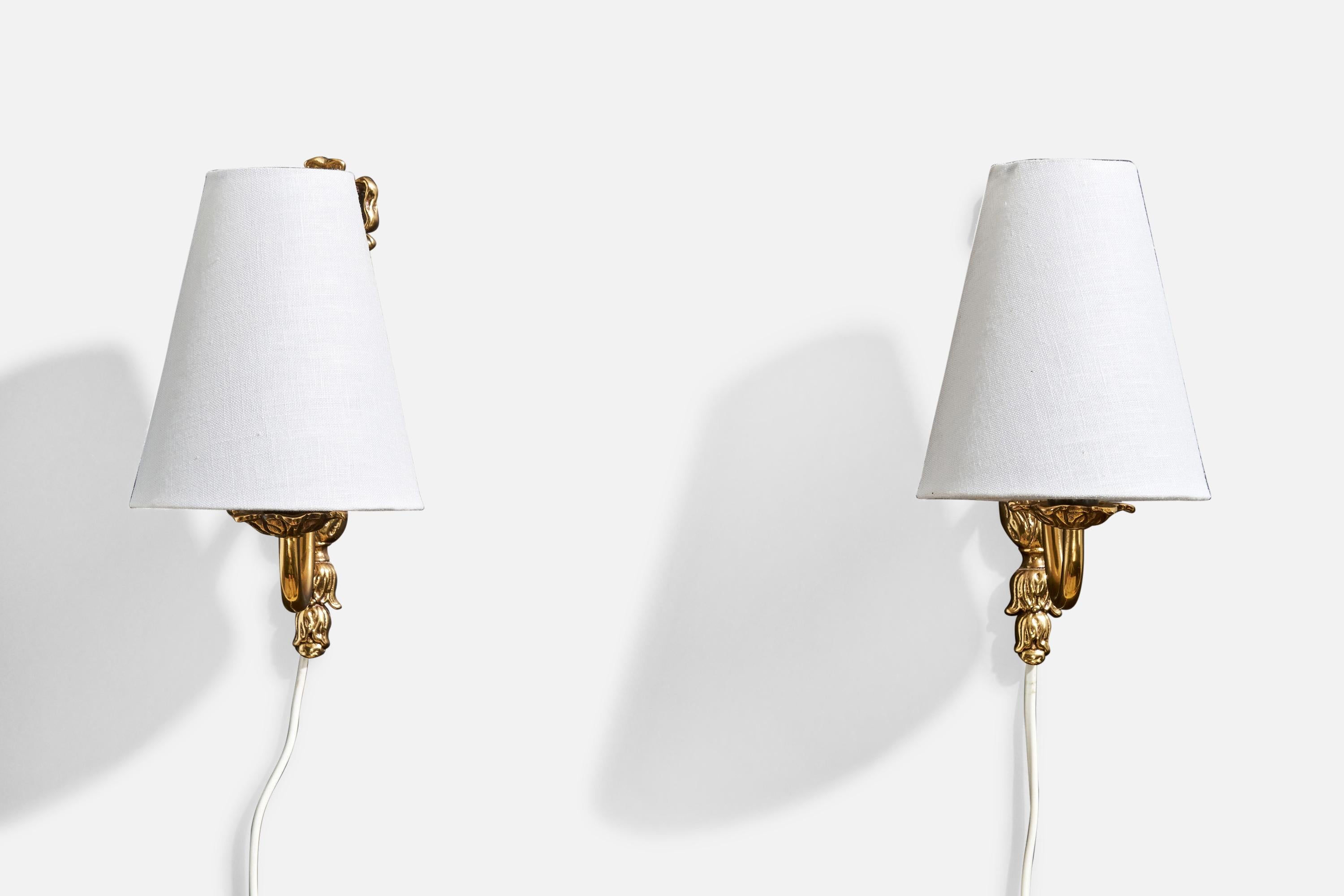 French Designer, Wall Lights, Brass, Fabric, France, 1940s In Good Condition In High Point, NC
