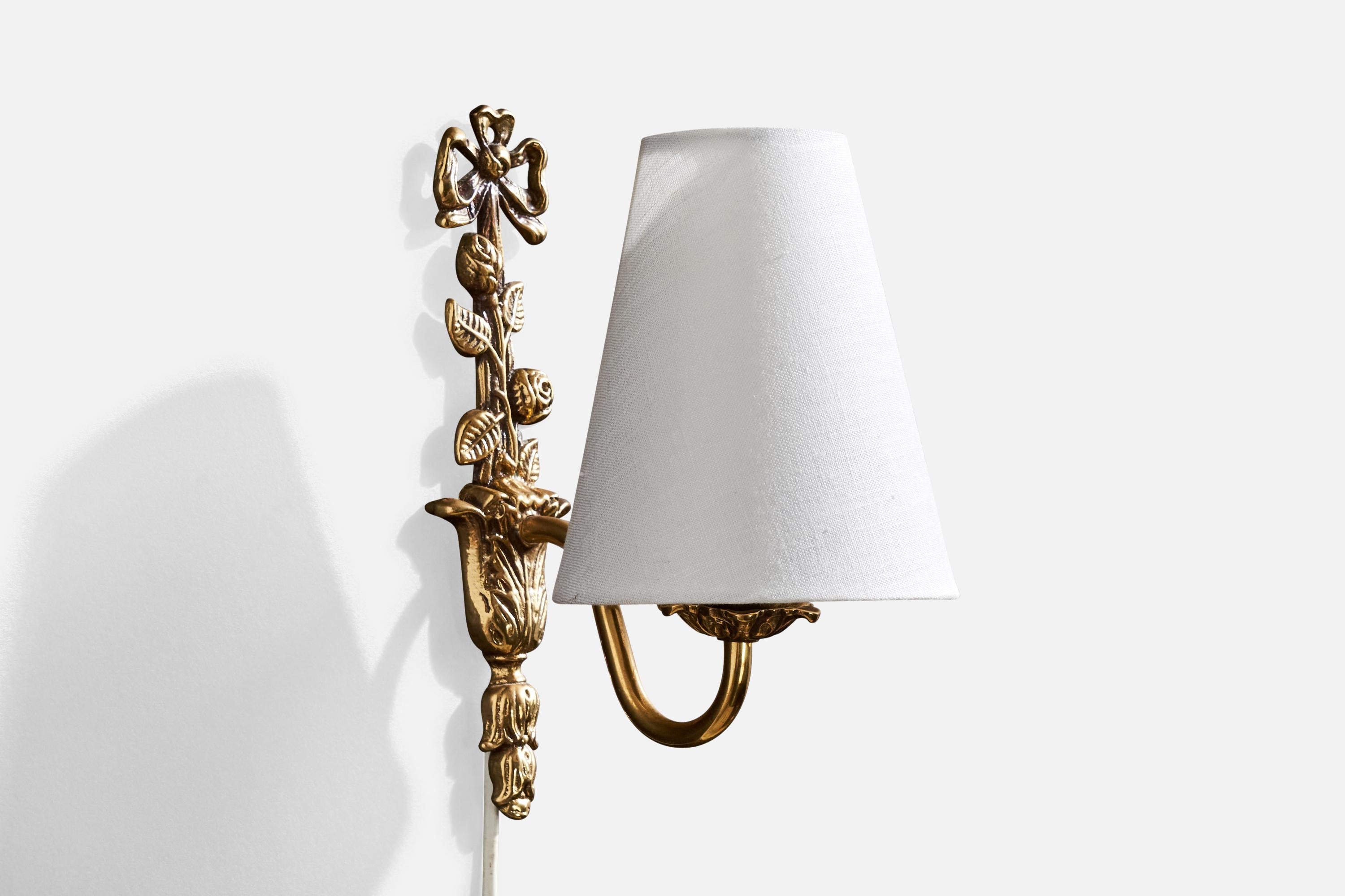 Mid-20th Century French Designer, Wall Lights, Brass, Fabric, France, 1940s
