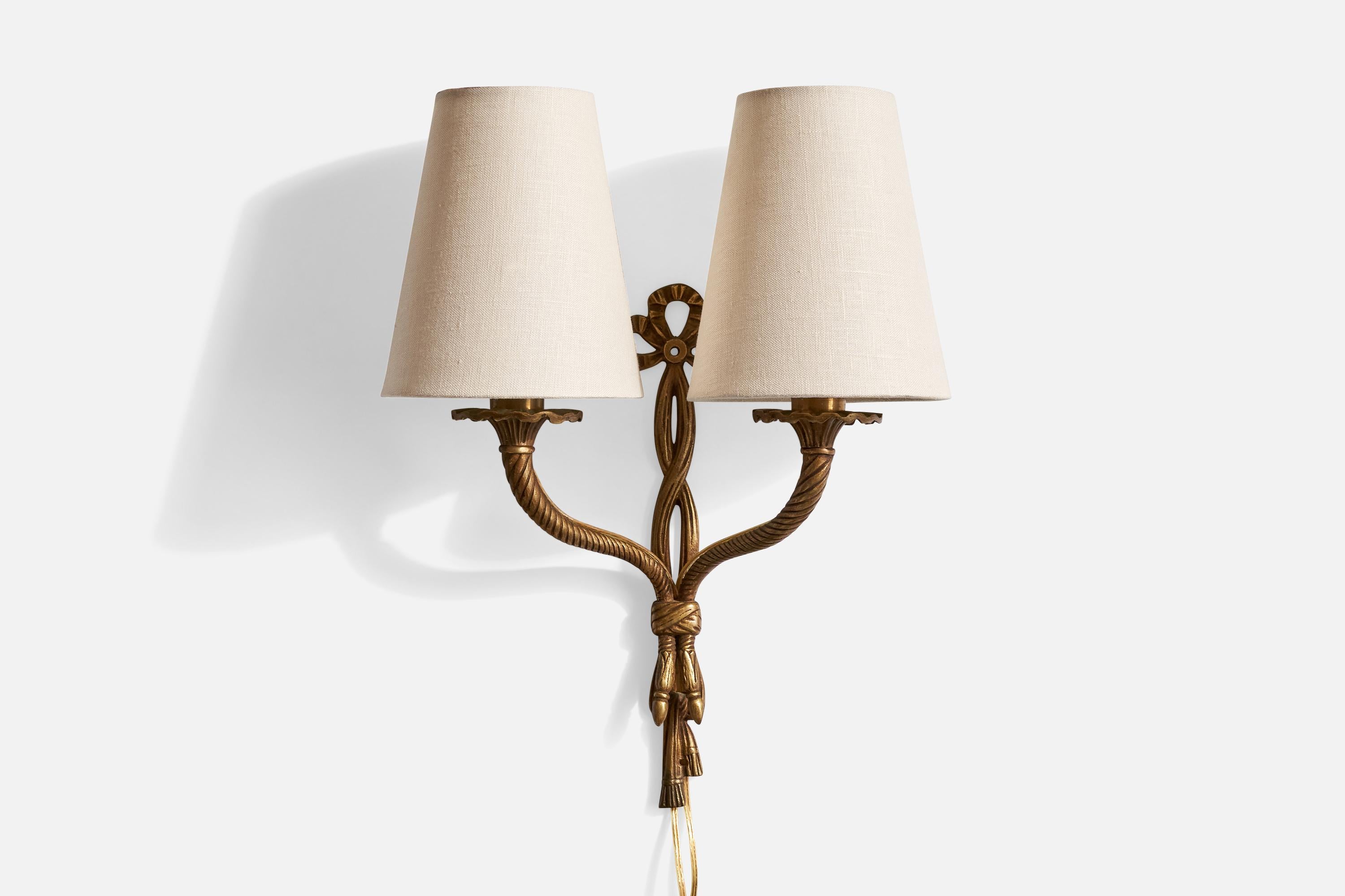 Mid-20th Century French Designer, Wall Lights, Brass, Fabric, France, 1940s For Sale