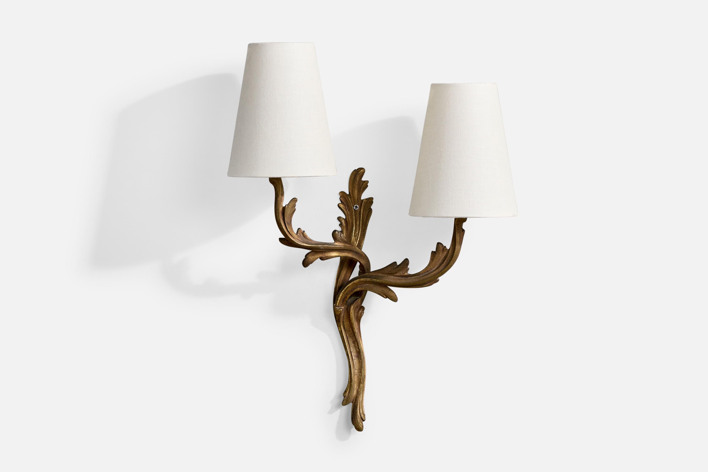 Französischer Designer, Wall Lights, Messing, Stoff, Frankreich, 1940er Jahre (Mitte des 20. Jahrhunderts) im Angebot