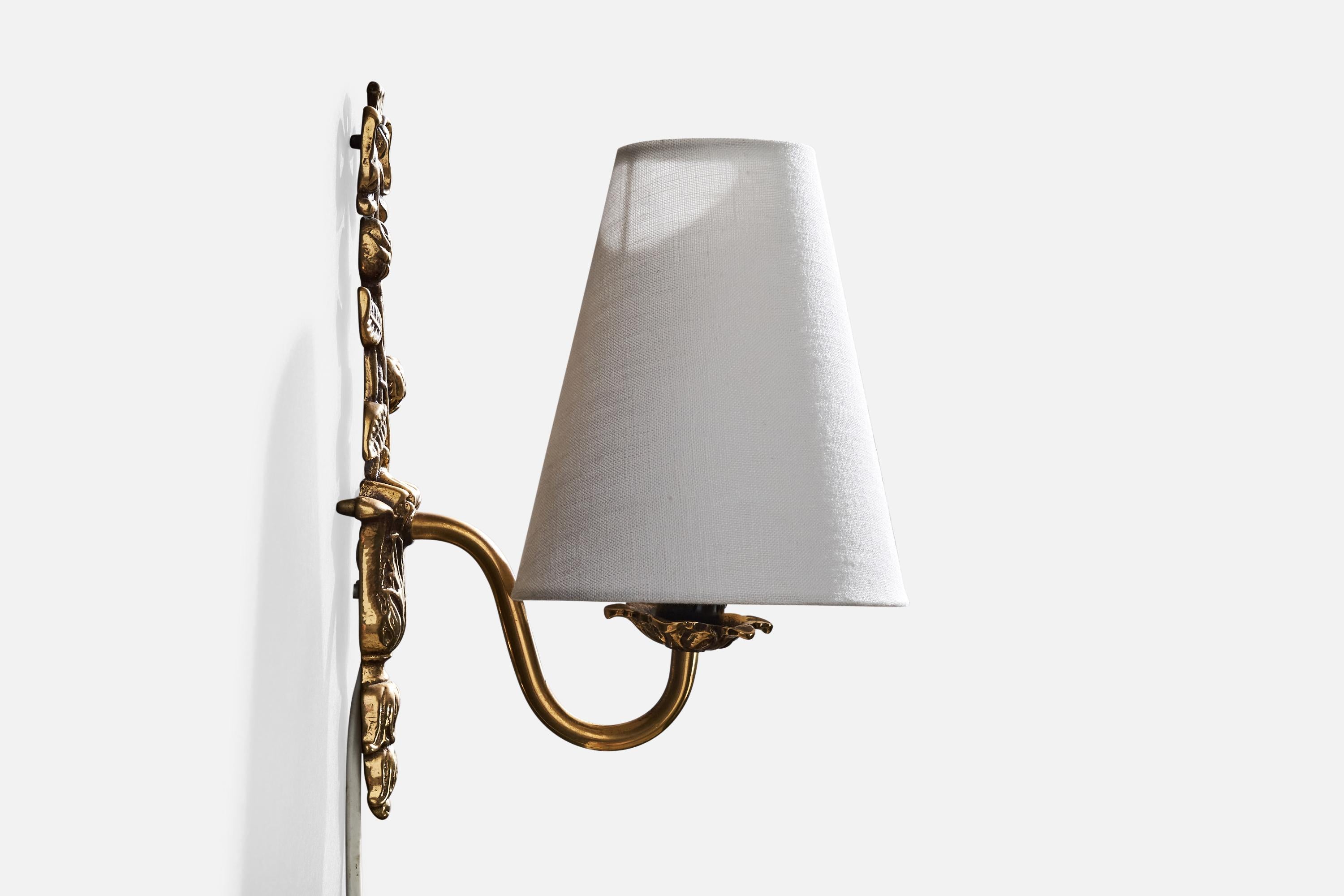 French Designer, Wall Lights, Brass, Fabric, France, 1940s 1