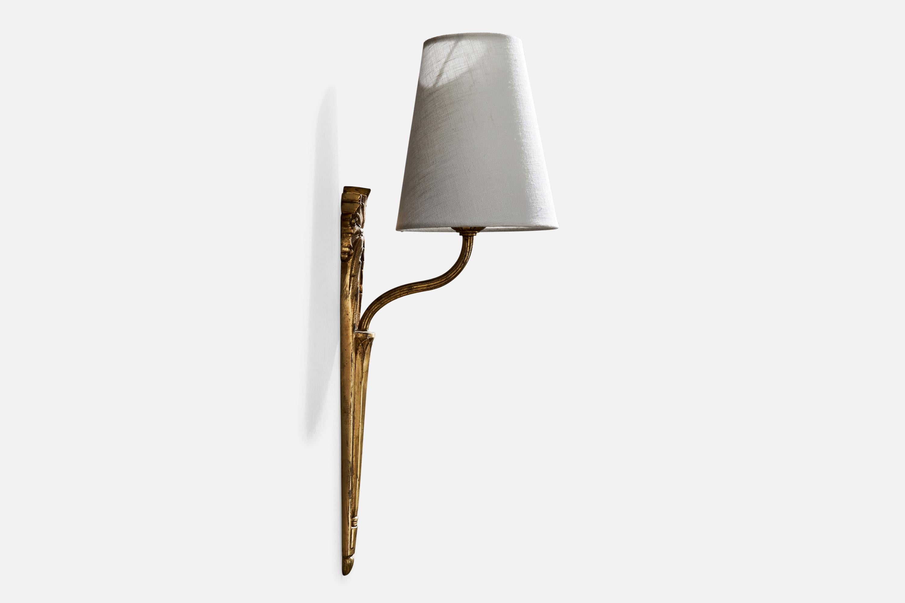 French Designer, Wall Lights, Brass, Fabric, France, 1940s For Sale 1
