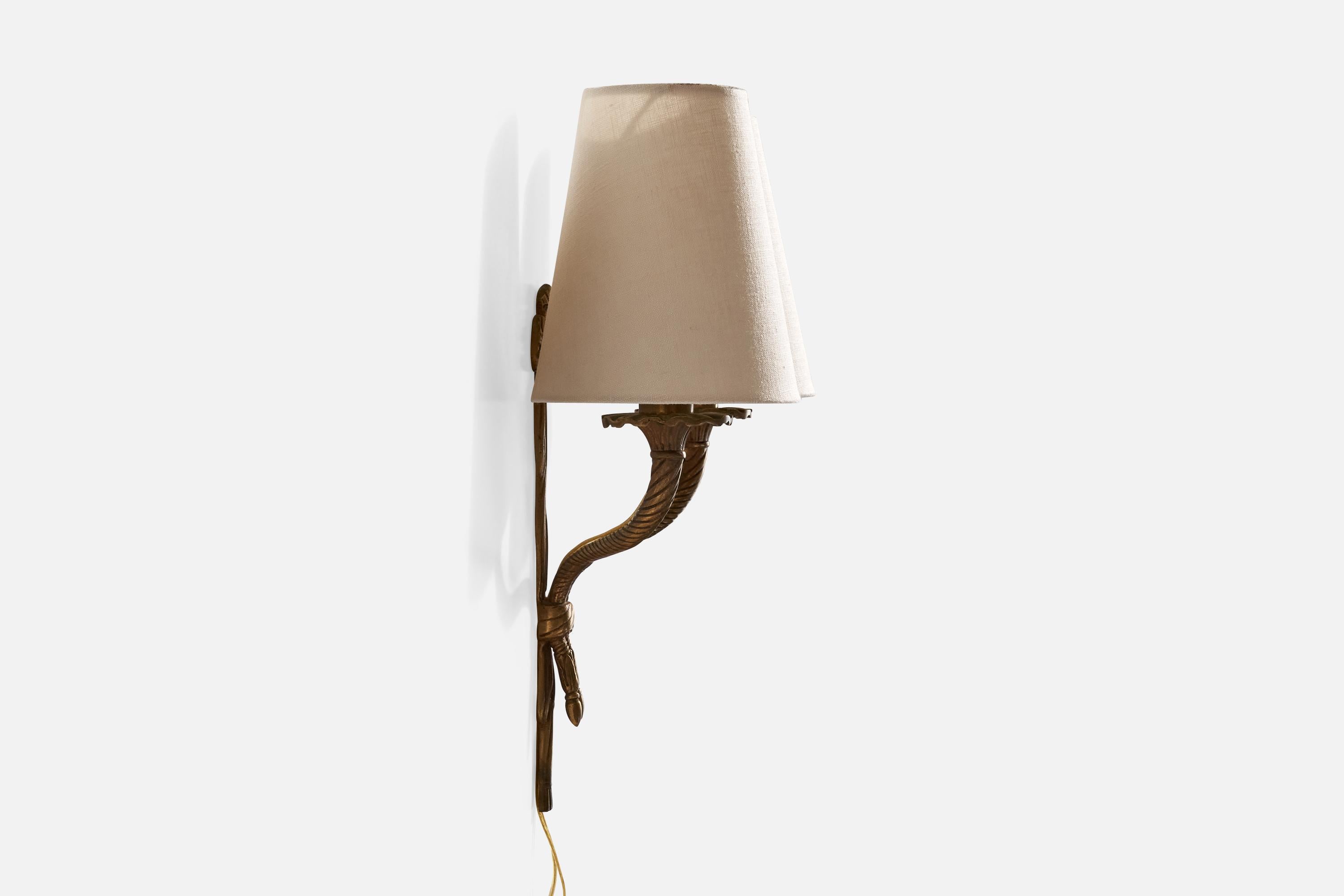 French Designer, Wall Lights, Brass, Fabric, France, 1940s For Sale 1