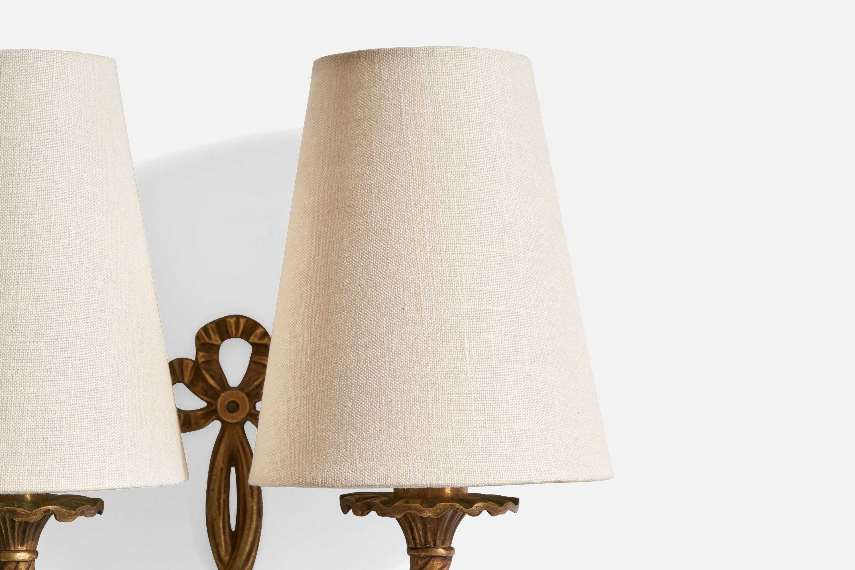 French Designer, Wall Lights, Brass, Fabric, France, 1940s For Sale 2