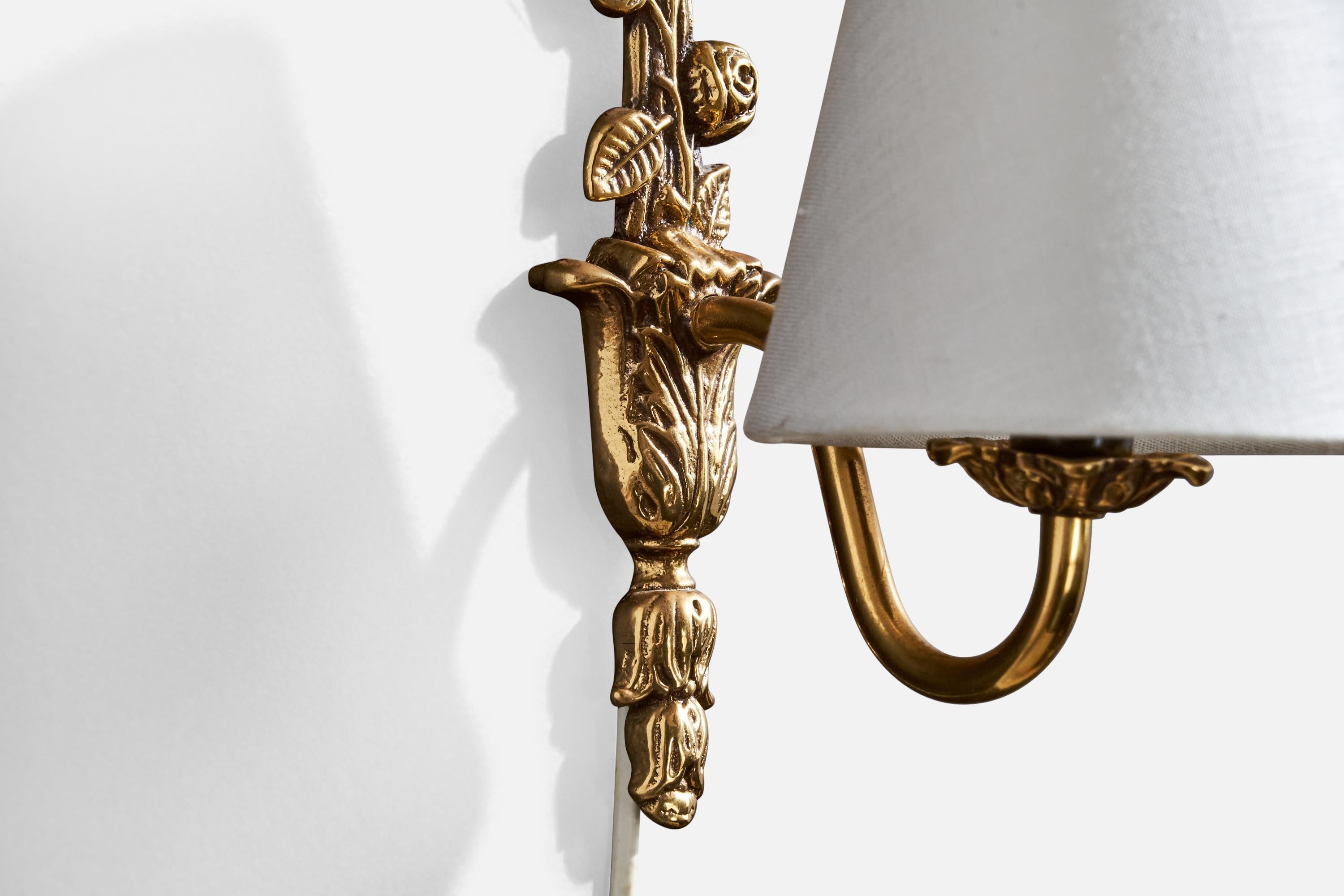 French Designer, Wall Lights, Brass, Fabric, France, 1940s 3