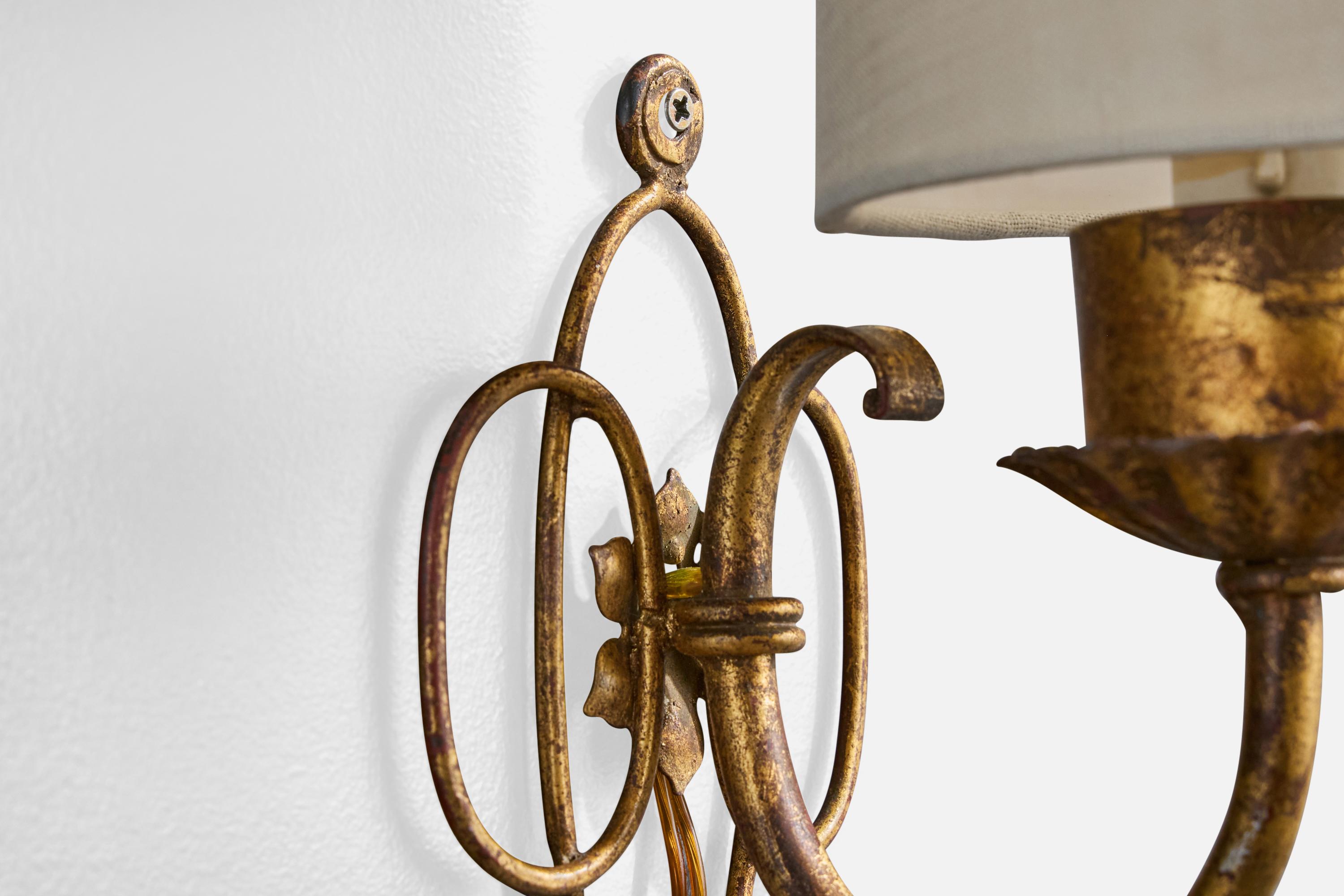 Französischer Designer, Wall Lights, Messing, Stoff, Frankreich, 1940er Jahre im Angebot 2