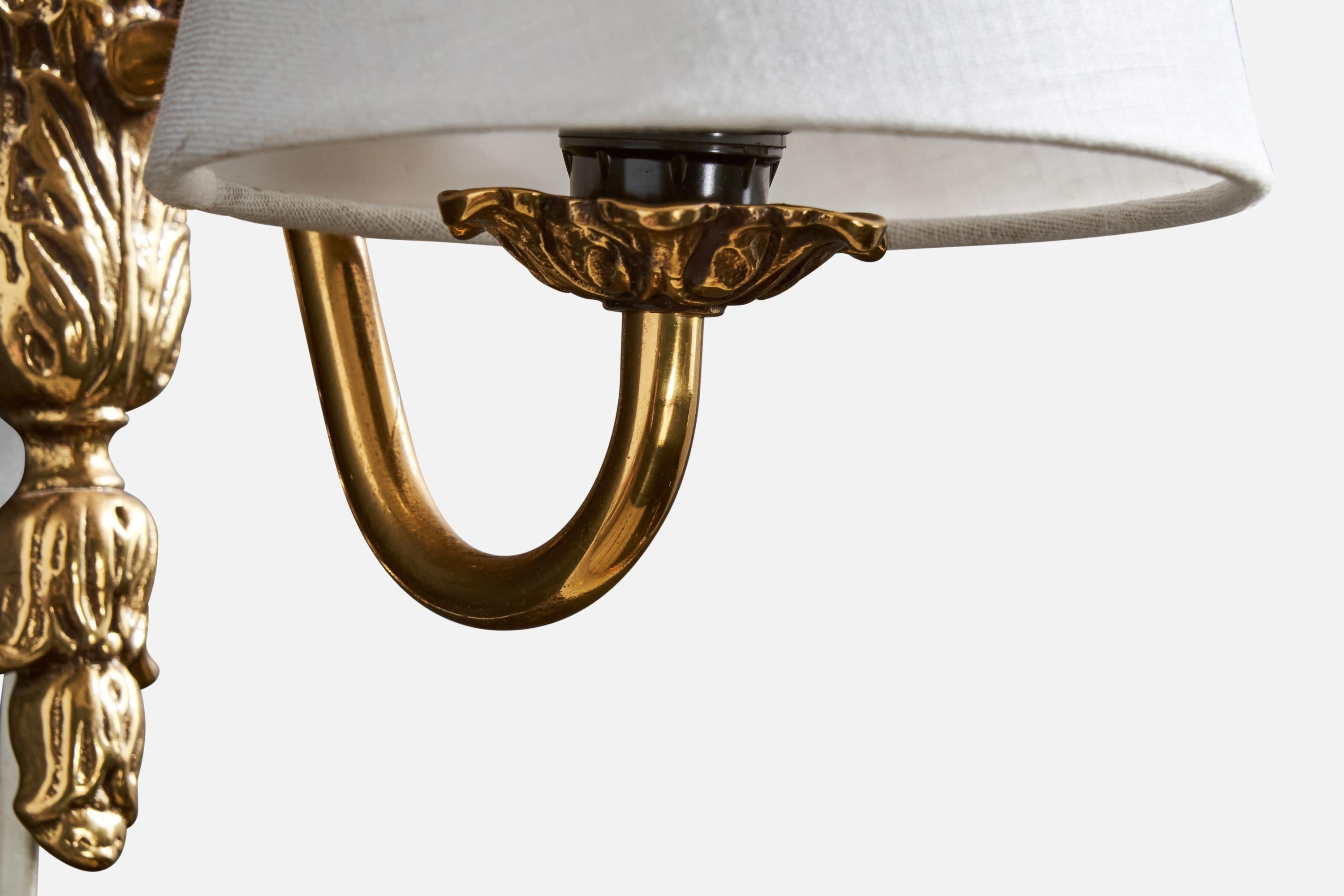 French Designer, Wall Lights, Brass, Fabric, France, 1940s 4