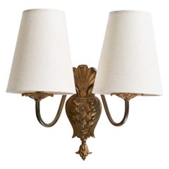 French Designer, Wall Lights, Brass, Fabric, France, 1940s