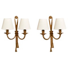 French Designer, Wall Lights, Brass, Fabric, France, 1940s