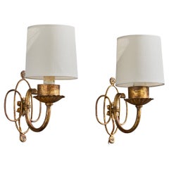 French Designer, Wall Lights, Brass, Fabric, France, 1940s