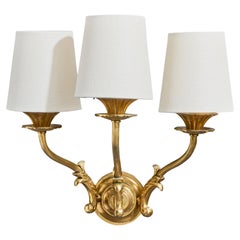 French Designer, Wall Lights, Brass, Fabric, France, 1940s