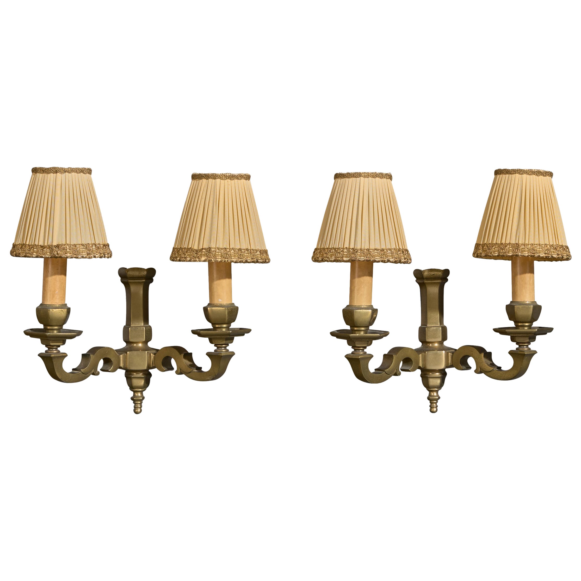 French Designer, Wall Lights, Brass, Fabric, France, 1940s