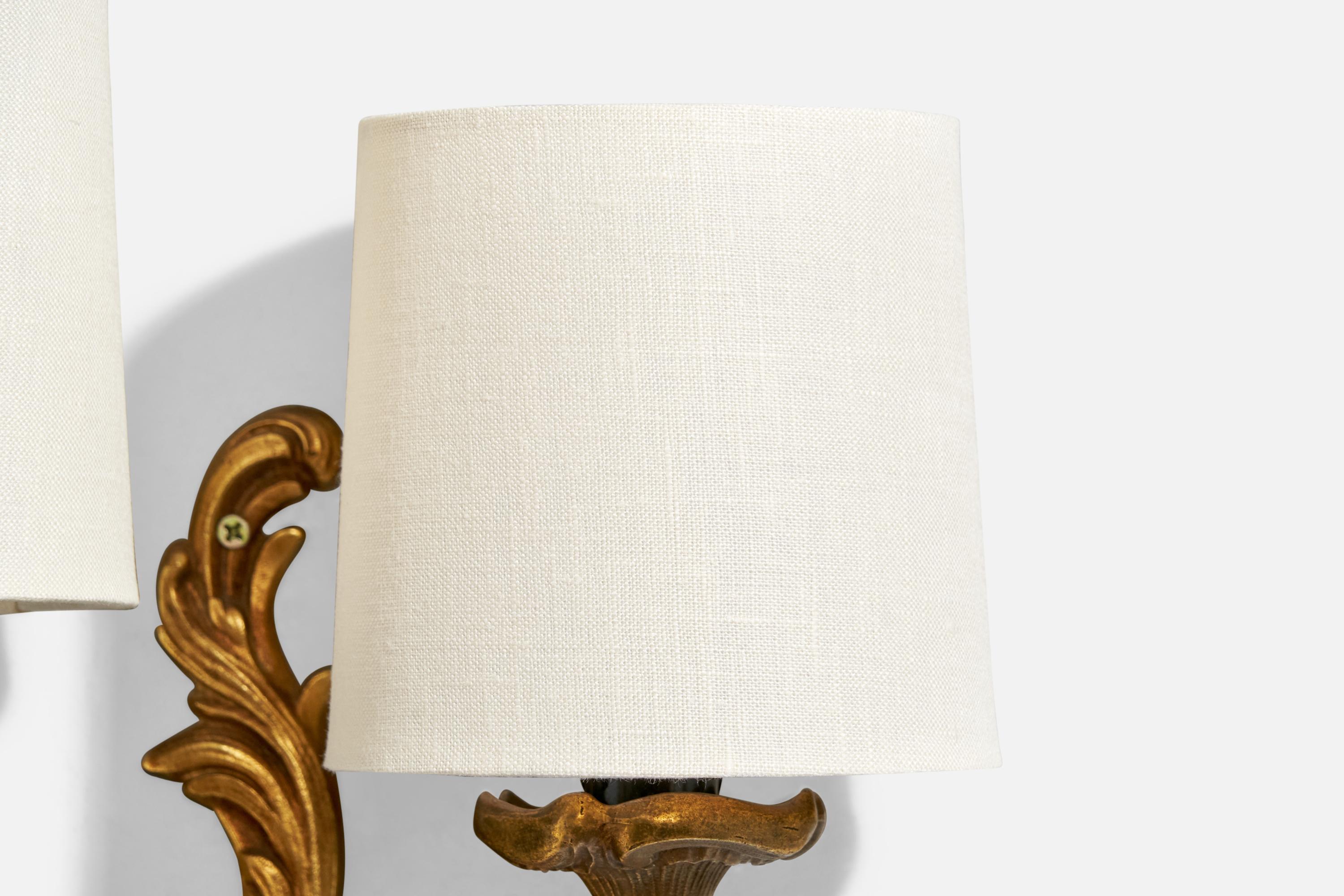 French Designer, Wall Lights, Brass, Fabric, France, 1950s For Sale 7