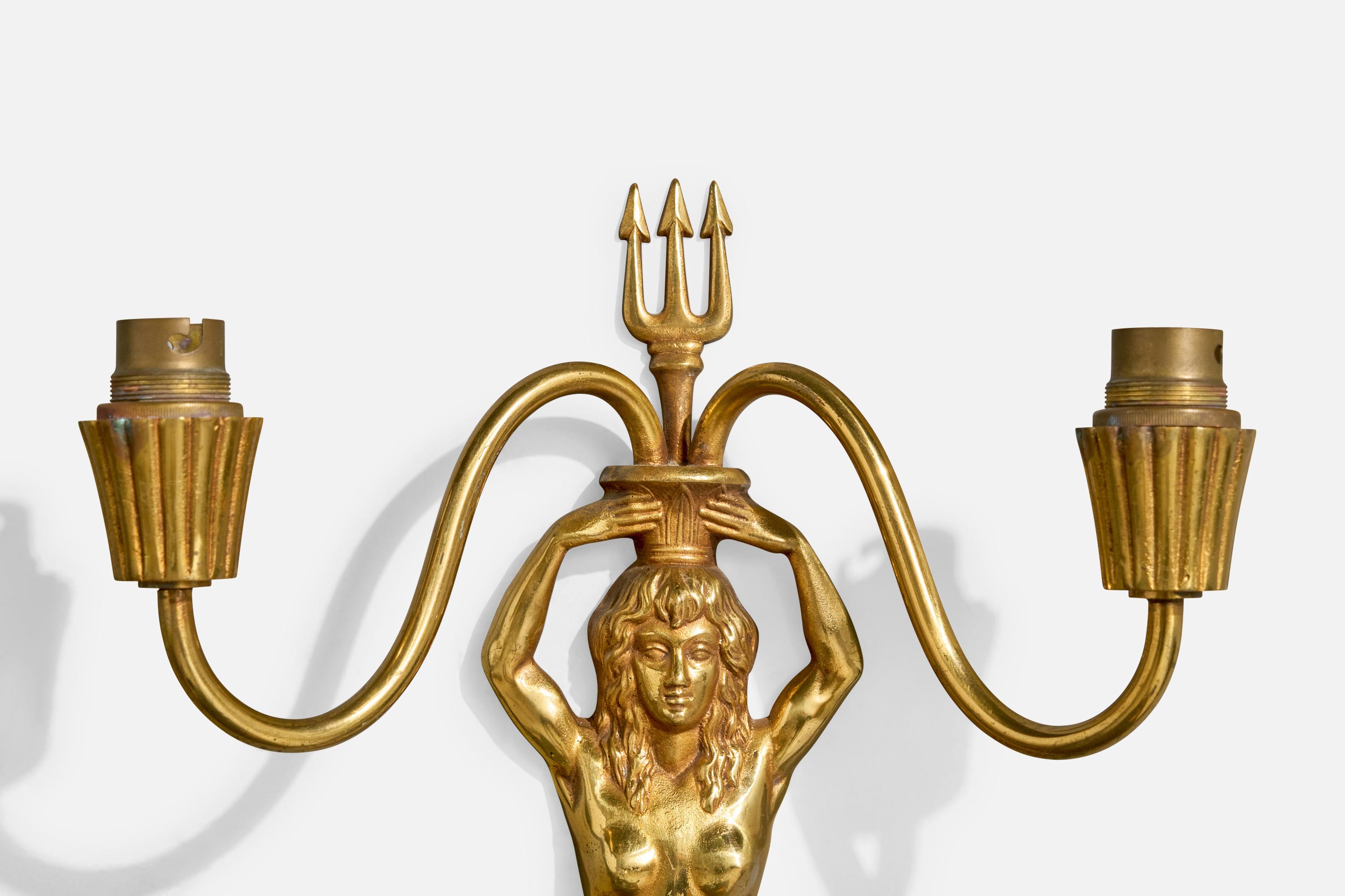 French Designer, Wall Lights, Brass, Fabric, France, 1950s For Sale 8