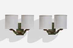 French Designer, Wall Lights, Brass, Fabric, France, 1950s