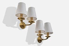 French Designer, Wall Lights, Brass, Fabric, France, 1950s