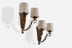 French Designer, Wall Lights, Brass, Fabric, France, 1950s