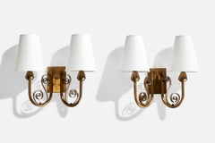 French Designer, Wall Lights, Brass, Fabric, France, 1950s