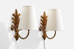 Französischer Designer, Wall Lights, Messing, Stoff, Frankreich, 1950er Jahre