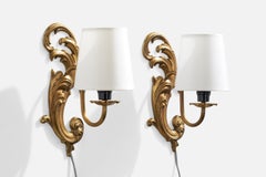 French Designer, Wall Lights, Brass, Fabric, France, 1950s