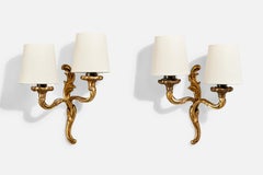 Französischer Designer, Wall Lights, Messing, Stoff, Frankreich, 1950er Jahre