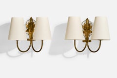 French Designer, Wall Lights, Brass, Fabric, France, 1950s