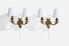 French Designer, Wall Lights, Brass, Fabric, France, 1950s