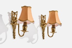 French Designer, Wall Lights, Brass, Fabric, France, 1950s