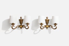 French Designer, Wall Lights, Brass, Fabric, France, 1950s