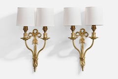 French Designer, Wall Lights, Brass, Fabric, France, 1950s