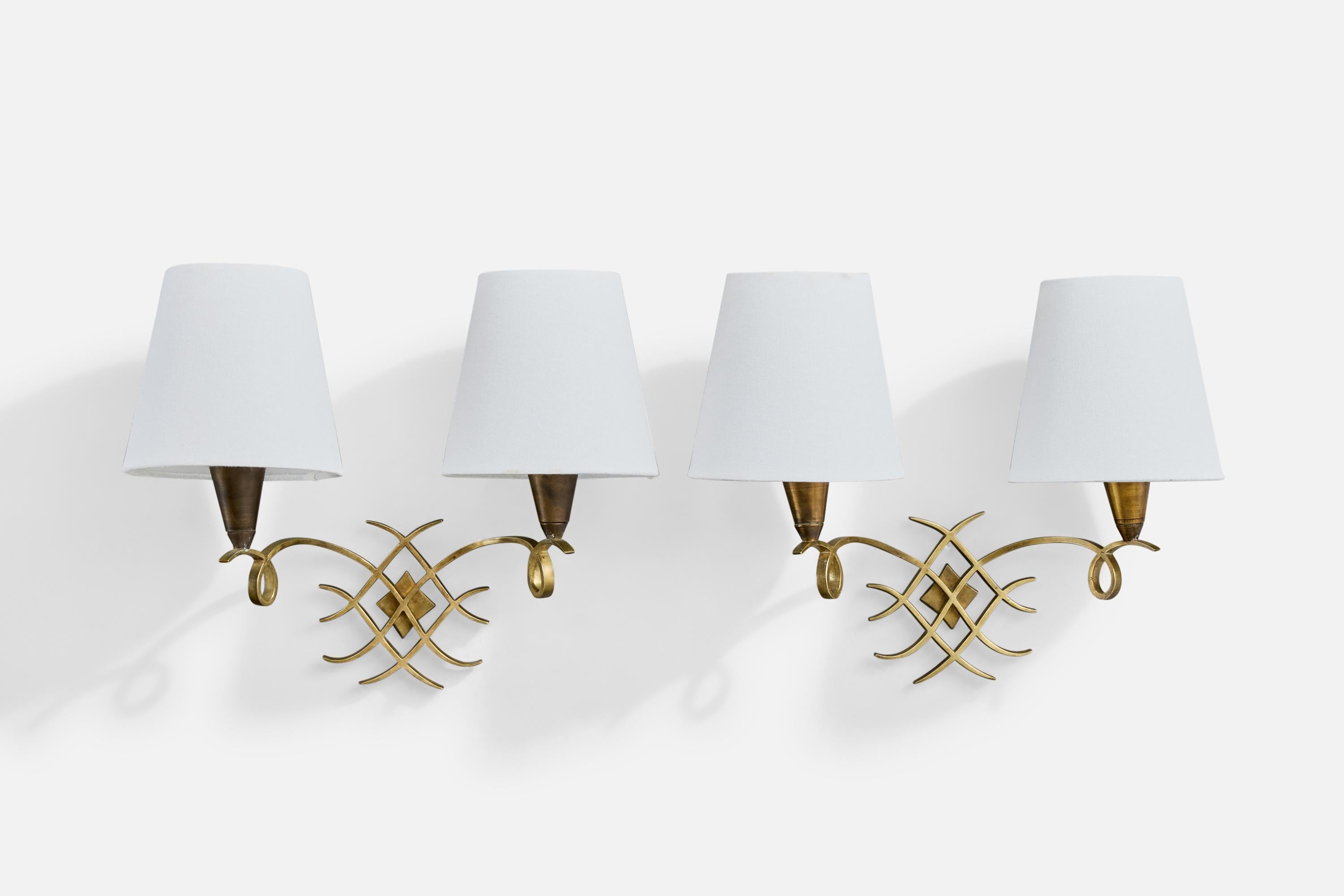 A pair of brass and white fabric wall lights designed and produced in France, c. 1950s.

Overall Dimensions (Inches): 11.75