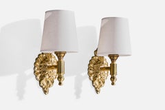 French Designer, Wall Lights, Brass, Fabric, France, 1950s