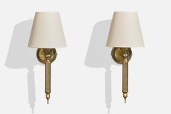 French Designer, Wall Lights, Brass, Fabric, France, 1950s
