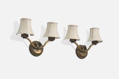 French Designer, Wall Lights, Brass, Fabric, France, 1950s