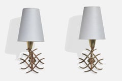 French Designer, Wall Lights, Brass, Fabric, France, 1950s