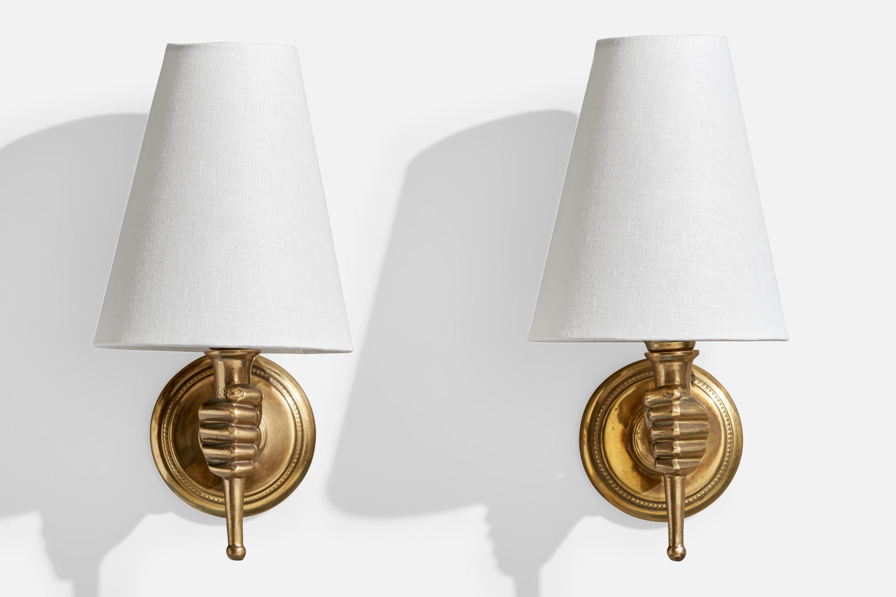 Art Deco French Designer, Wall Lights, Brass, Fabric, France, 1950s