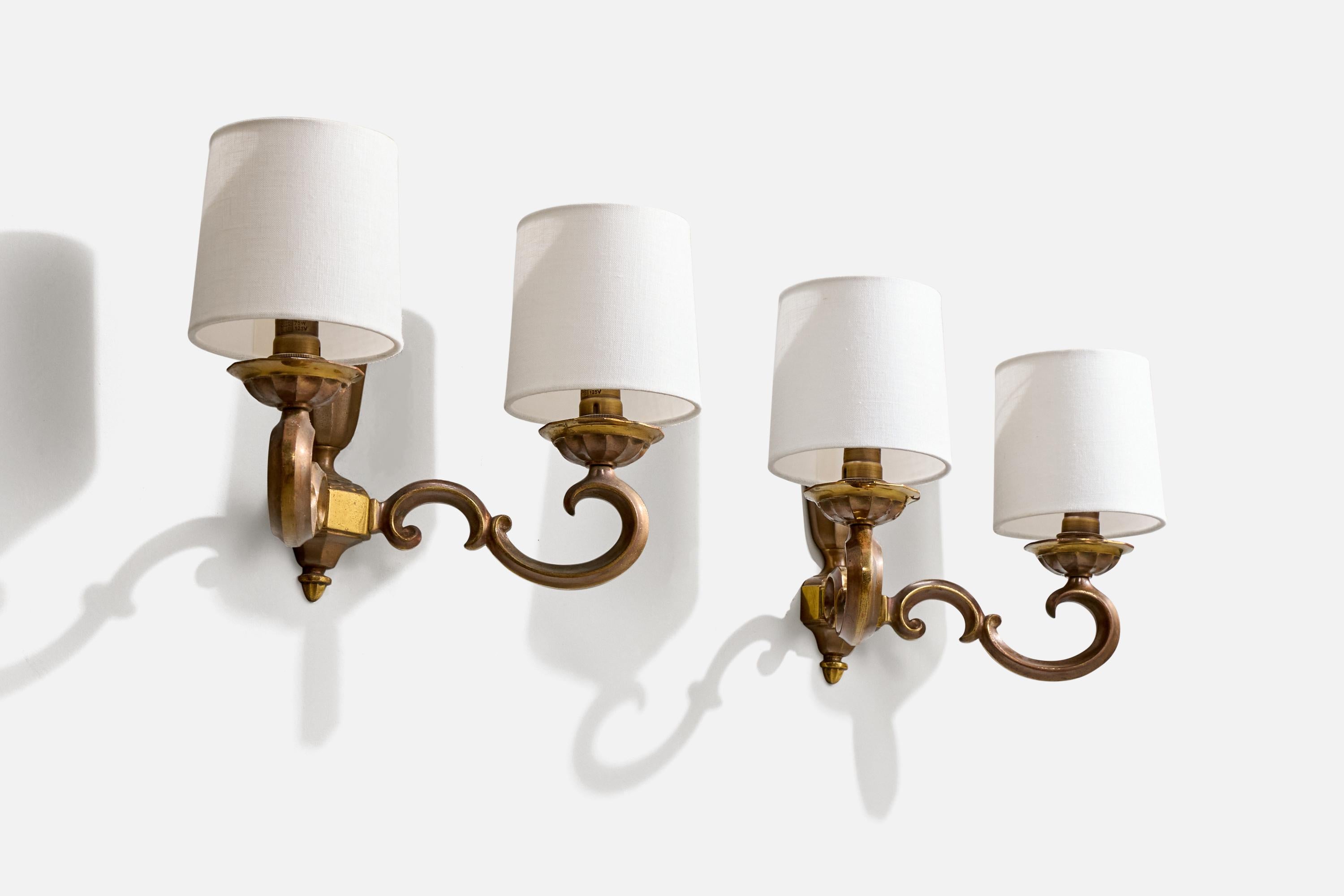 Mid-Century Modern French Designer, Wall Lights, Brass, Fabric, France, 1950s For Sale