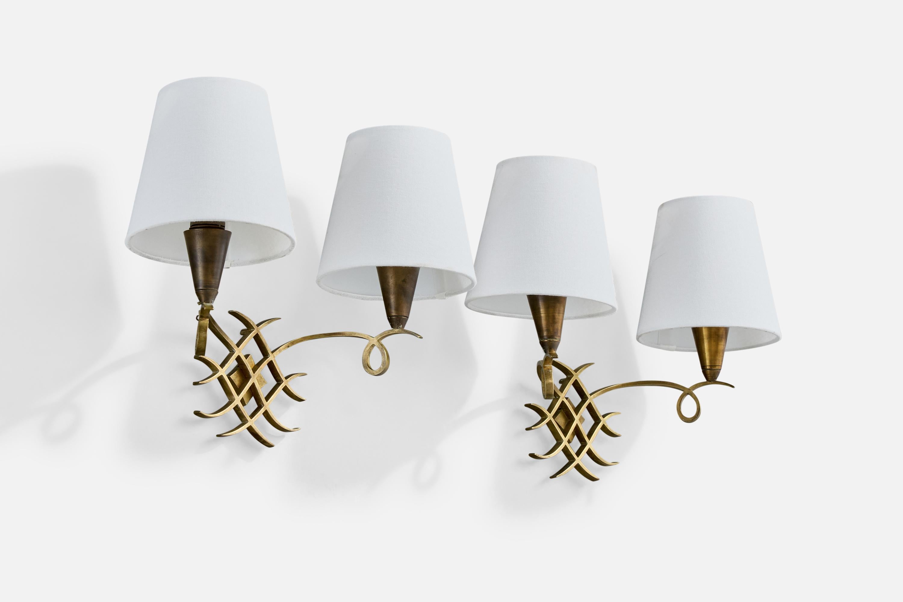 Mid-Century Modern French Designer, Wall Lights, Brass, Fabric, France, 1950s For Sale