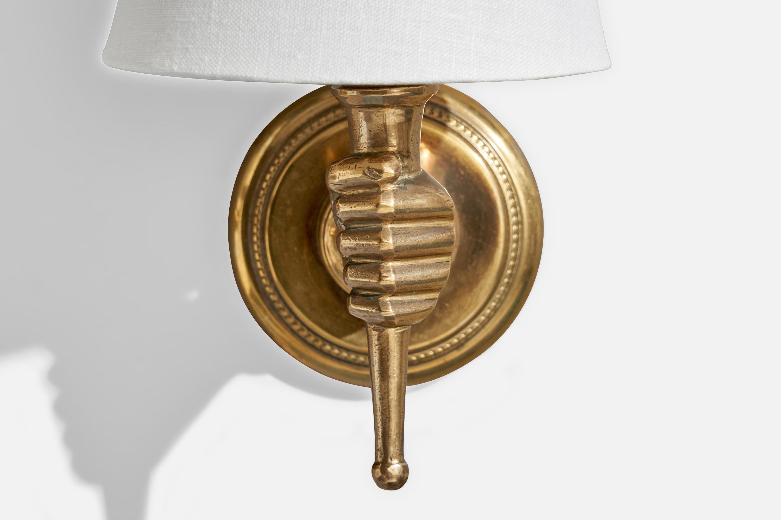 French Designer, Wall Lights, Brass, Fabric, France, 1950s In Good Condition In High Point, NC