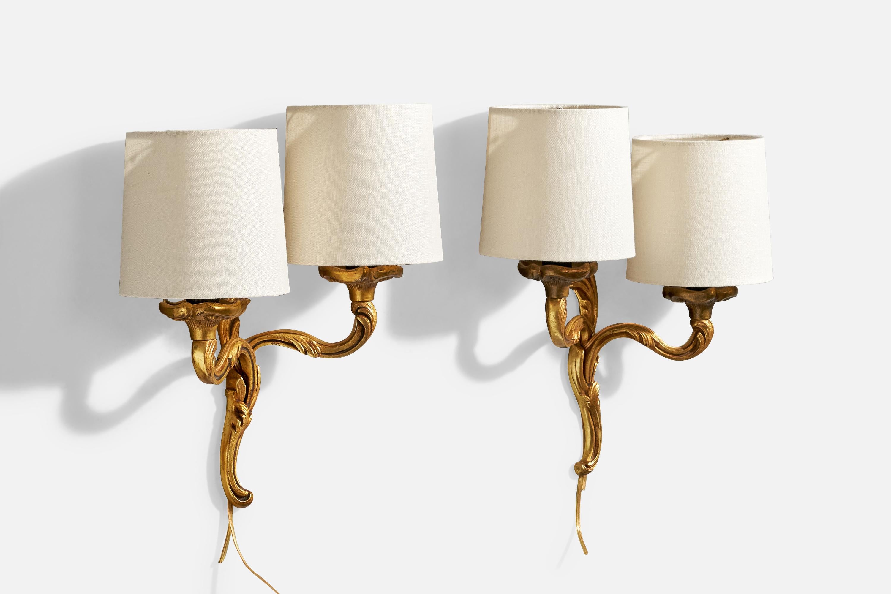 Mid-20th Century French Designer, Wall Lights, Brass, Fabric, France, 1950s For Sale