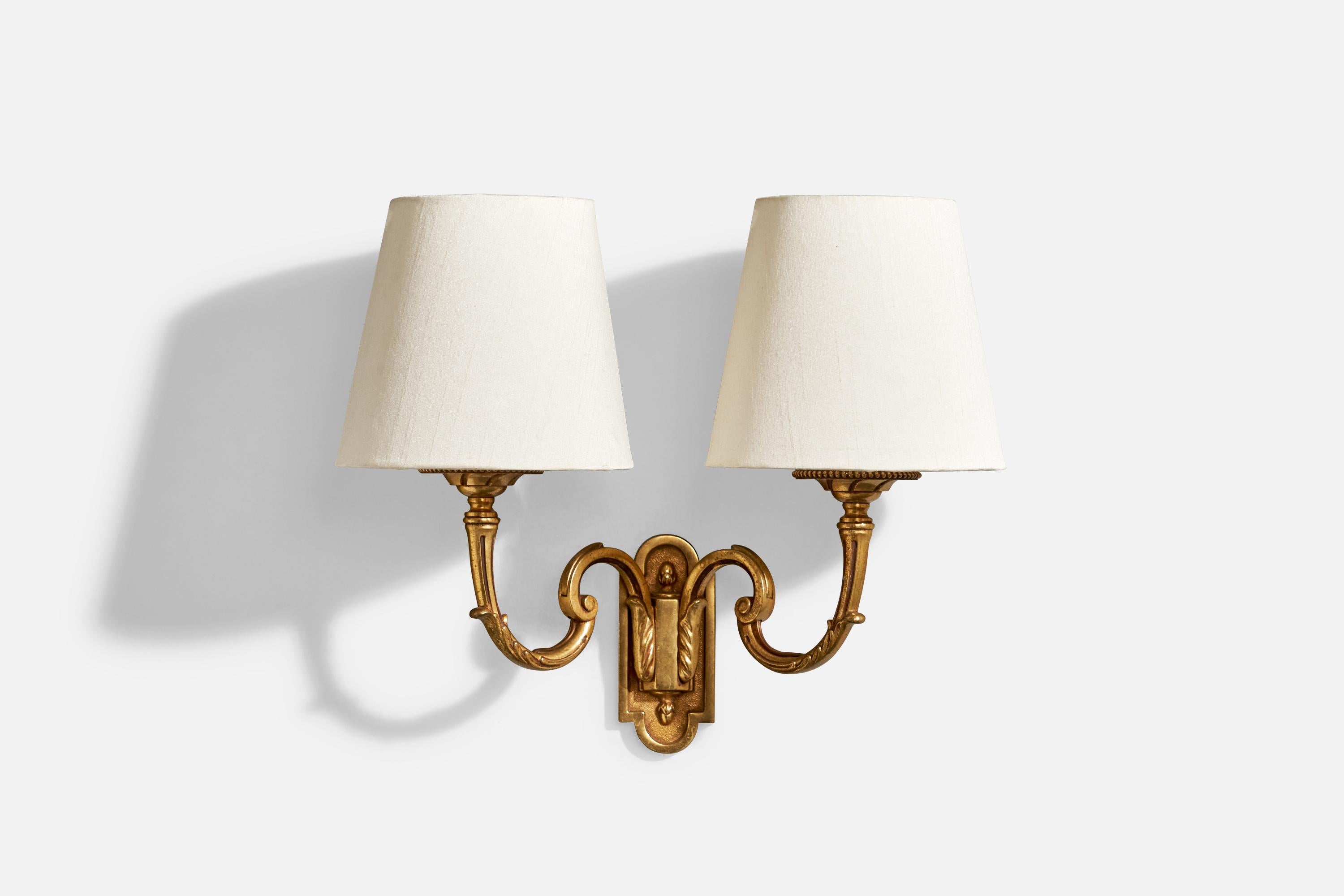 Mid-20th Century French Designer, Wall Lights, Brass, Fabric, France, 1950s For Sale