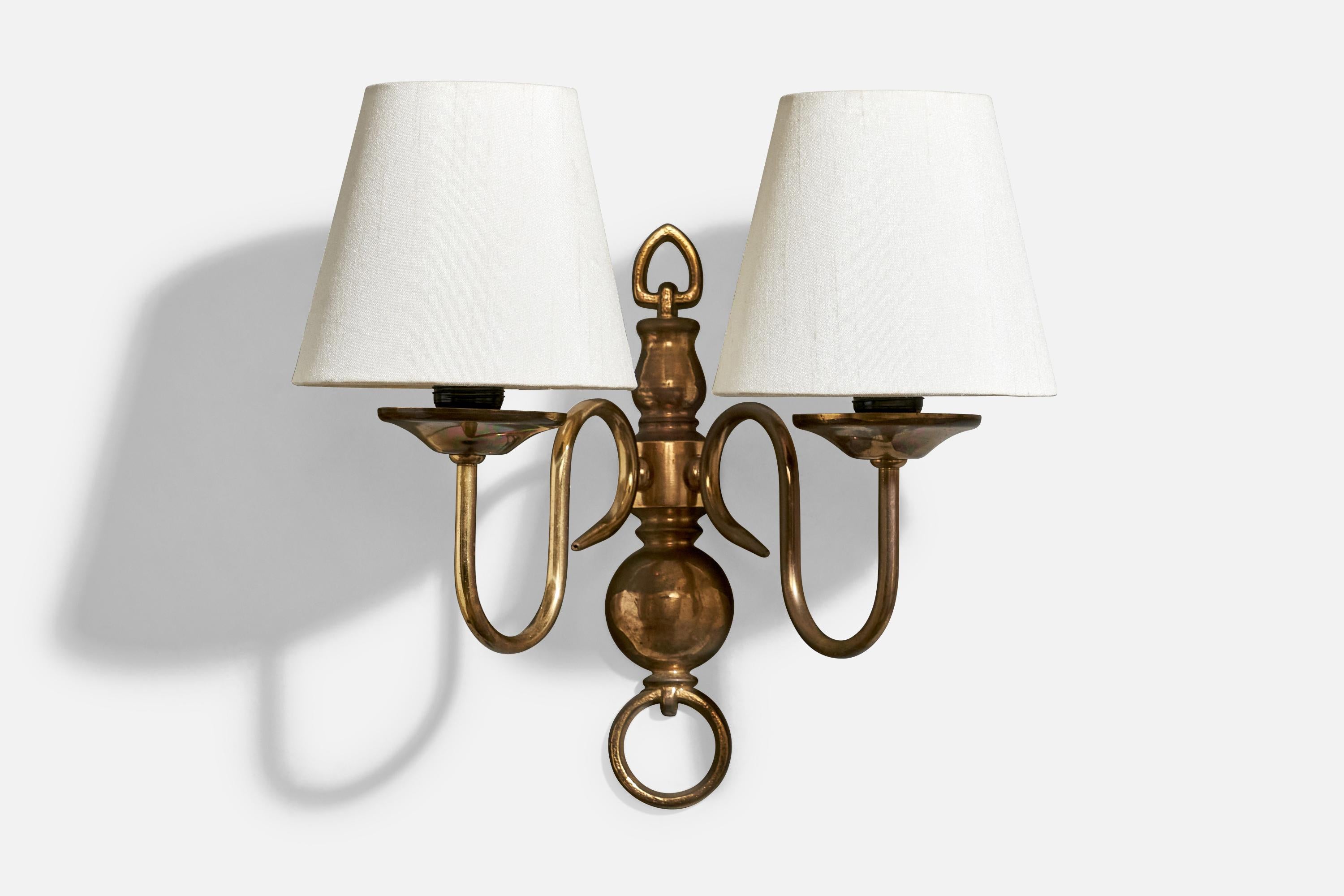 Mid-20th Century French Designer, Wall Lights, Brass, Fabric, France, 1950s For Sale