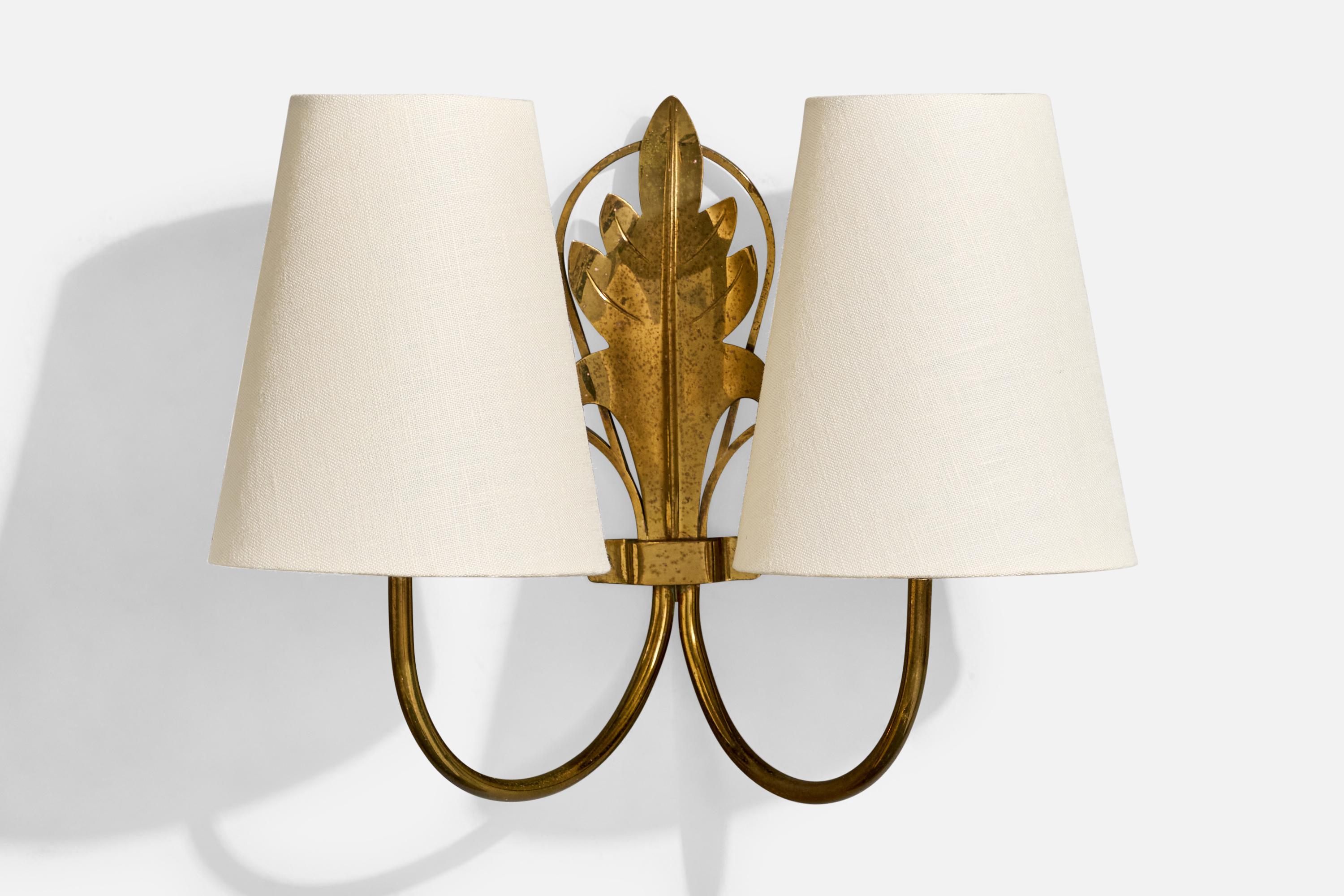 Mid-20th Century French Designer, Wall Lights, Brass, Fabric, France, 1950s For Sale