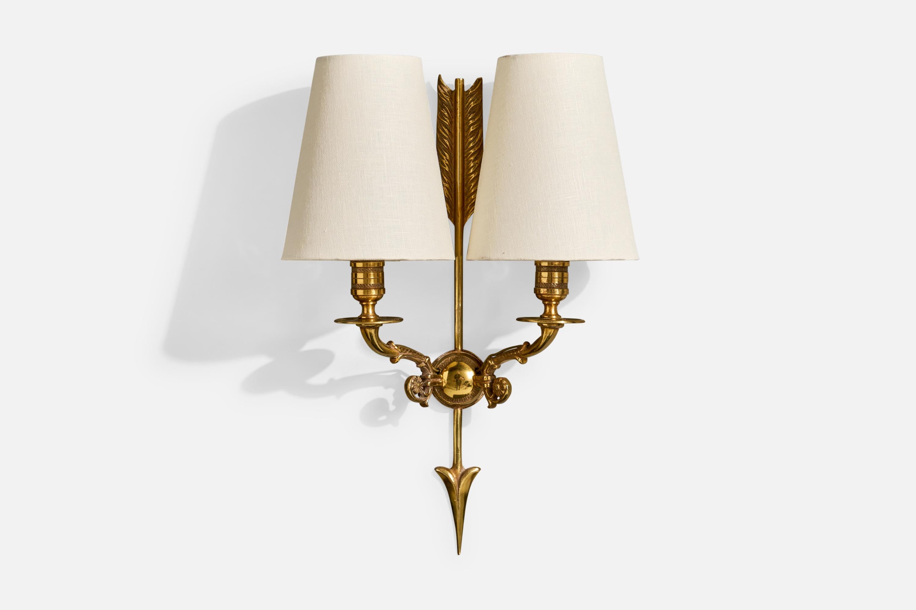 Mid-20th Century French Designer, Wall Lights, Brass, Fabric, France, 1950s For Sale