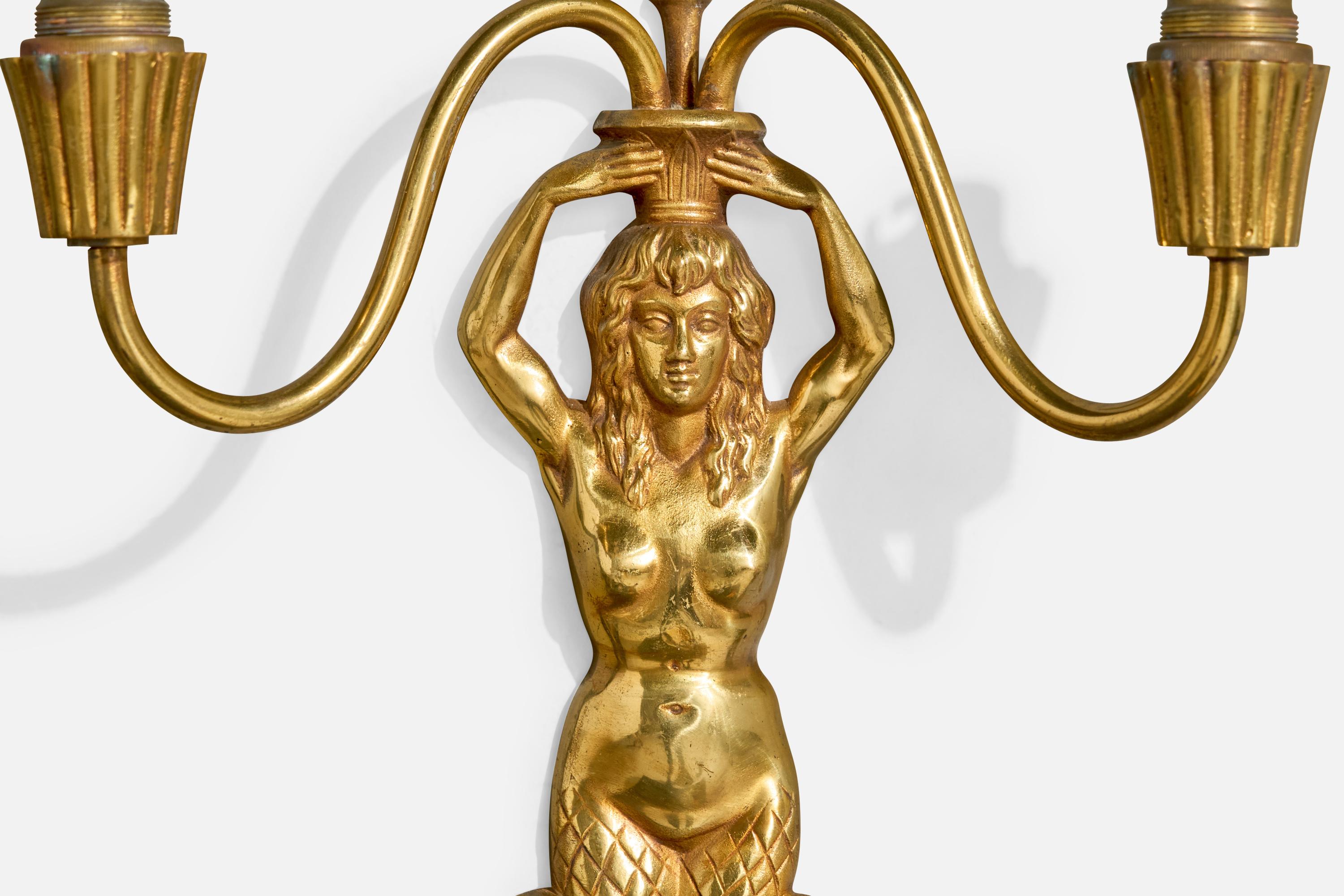 Mid-20th Century French Designer, Wall Lights, Brass, Fabric, France, 1950s For Sale